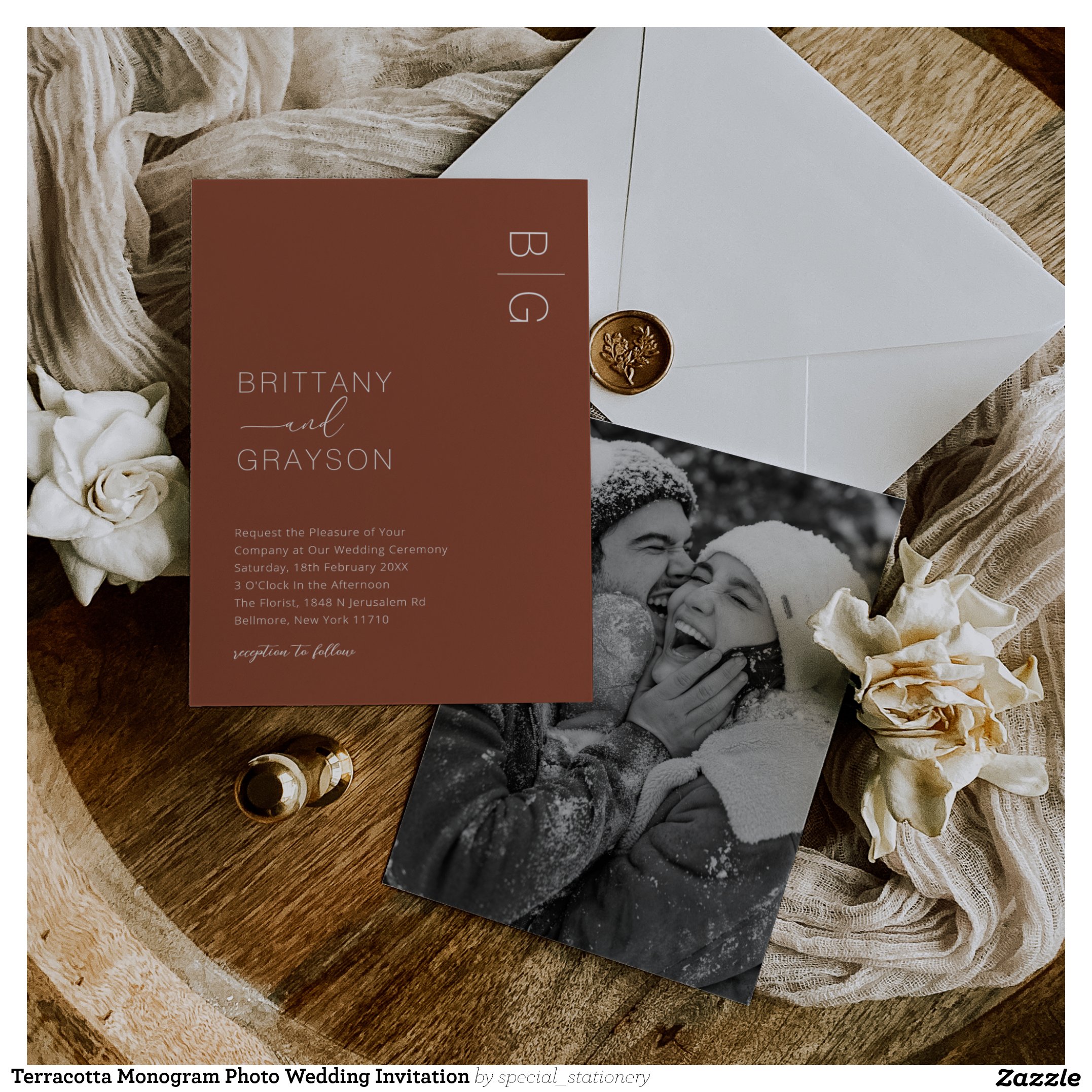 Terracotta Monogram Photo Wedding Invitation