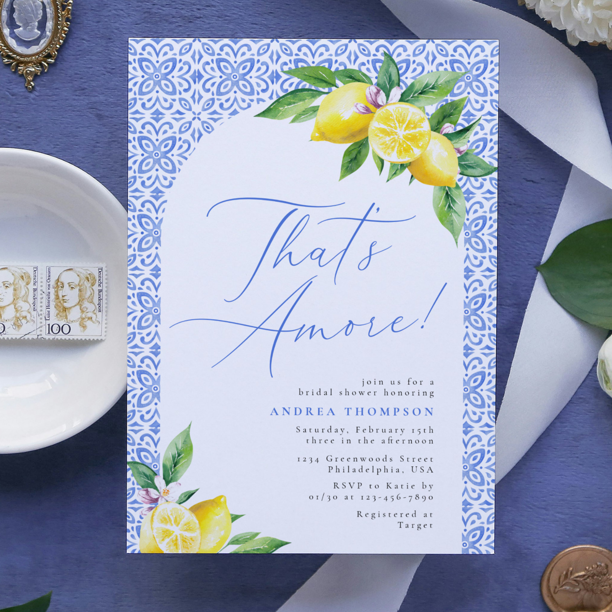 That's Amore Lemon Italian Blue Tile Bridal Shower Invitation