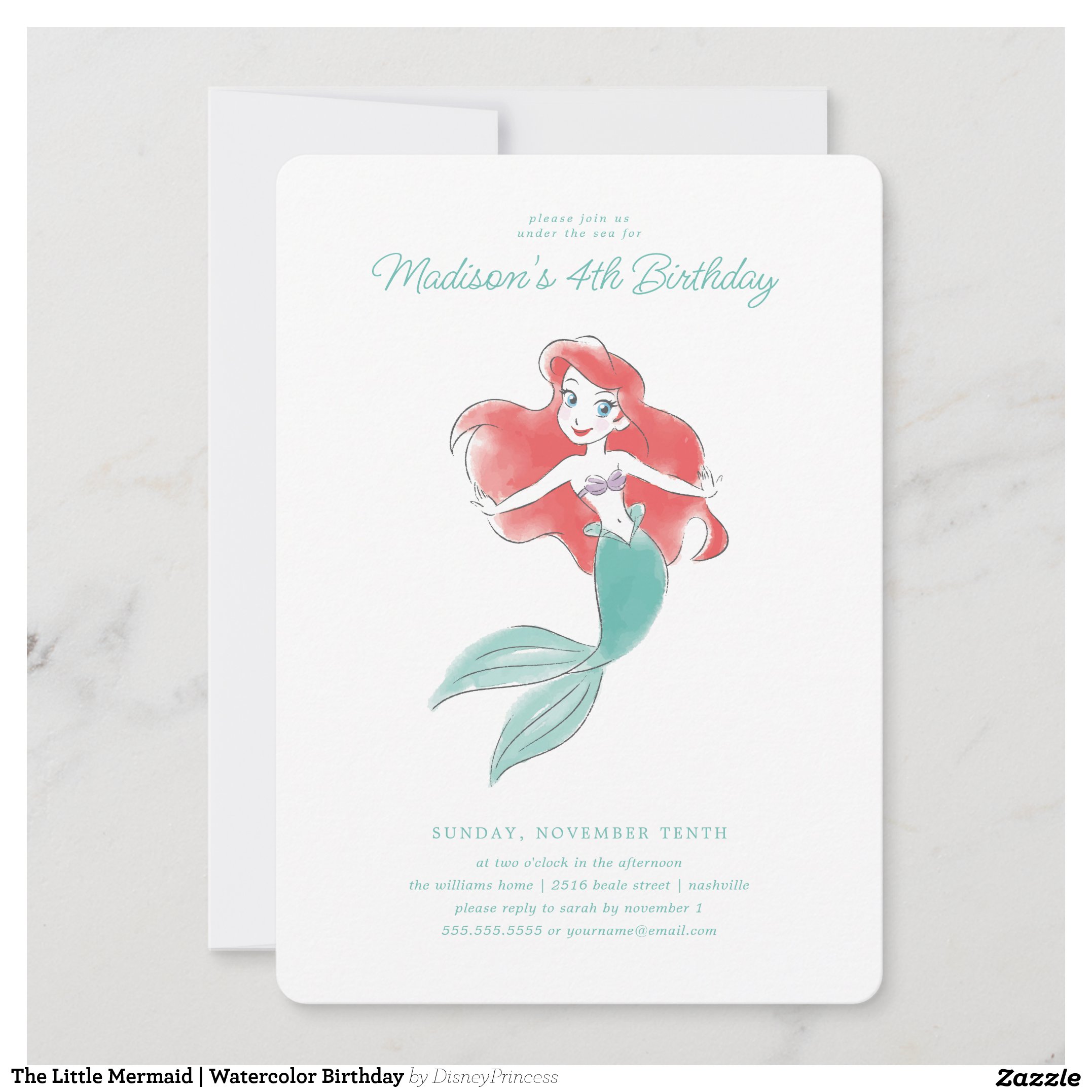 The Little Mermaid Watercolor Birthday Invitation
