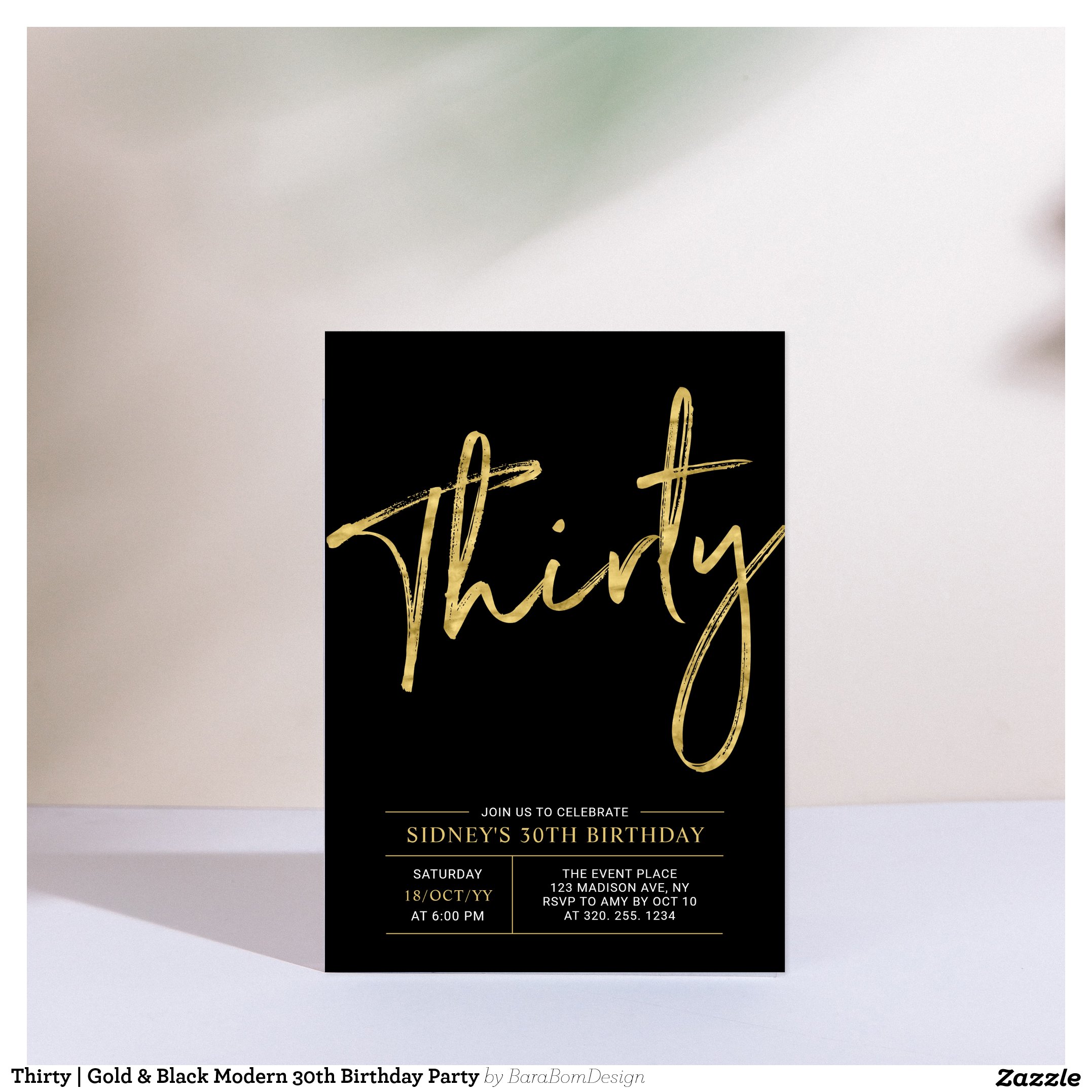 Thirty Gold & Black Modern 30th Birthday Party Invitation