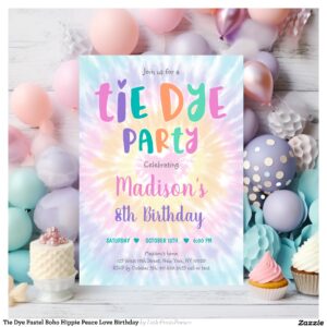 Tie Dye Pastel Boho Hippie Peace Love Birthday Invitation