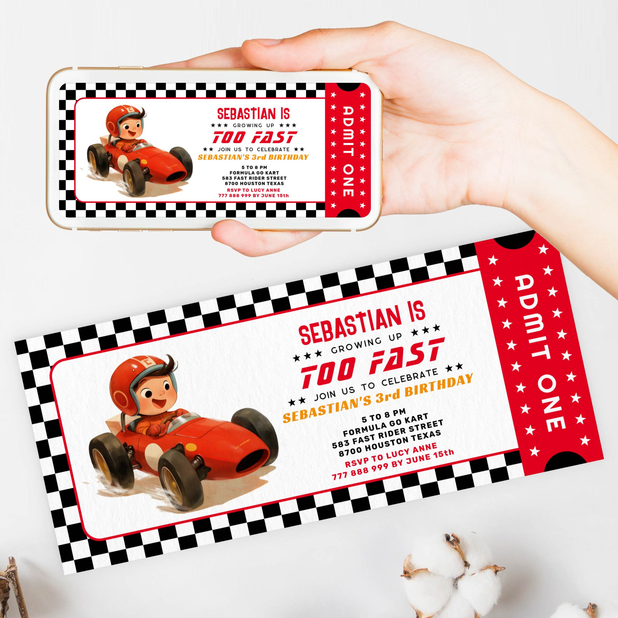 Too Fast Racing Car Ticket Birthday Invitation
