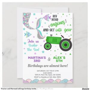 Tractor and Mermaid siblings birthday invite. Invitation