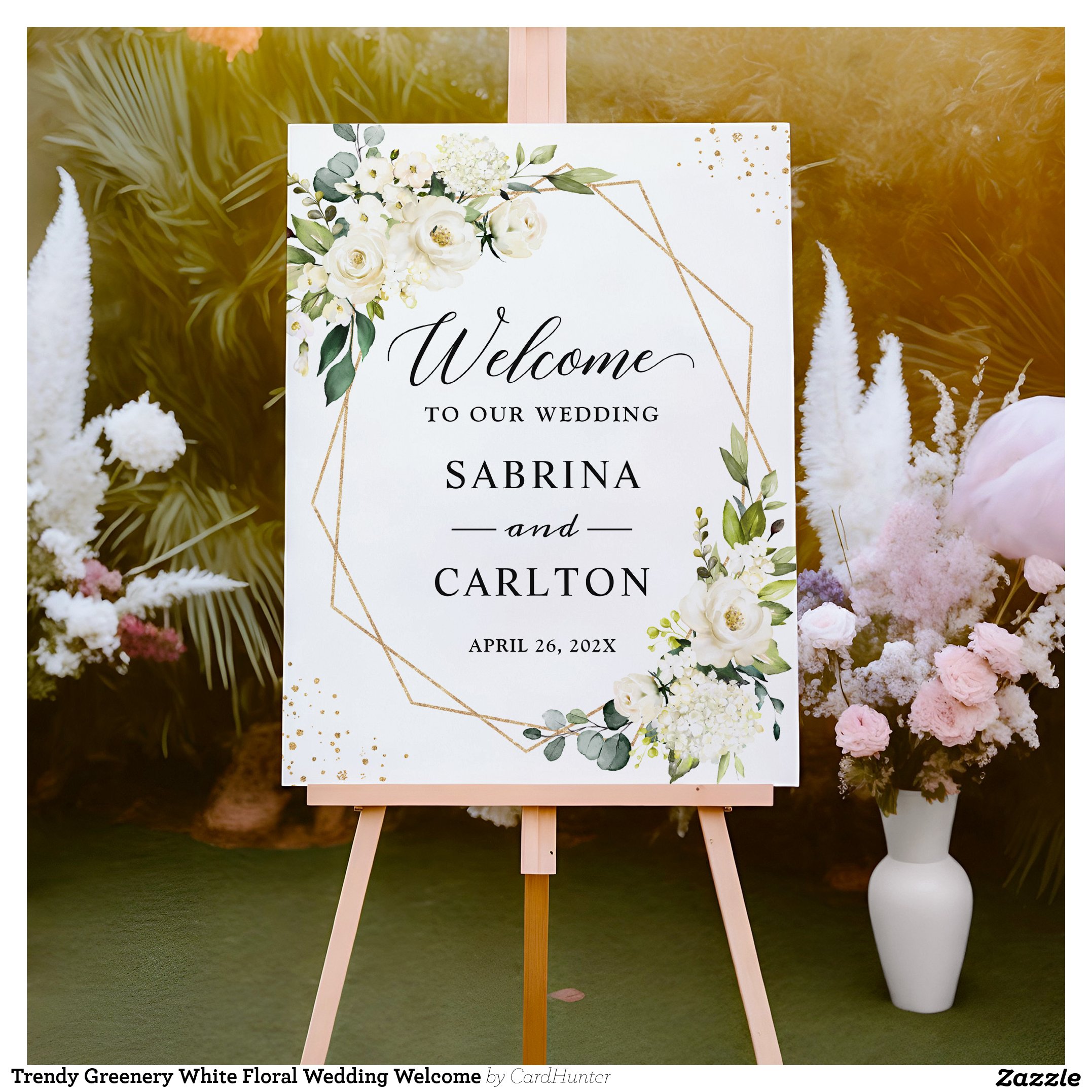 Trendy Greenery White Floral Wedding Welcome Foam Board
