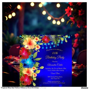 Tropical Blue Red Yellow Hibiscus floral Birthday Invitation