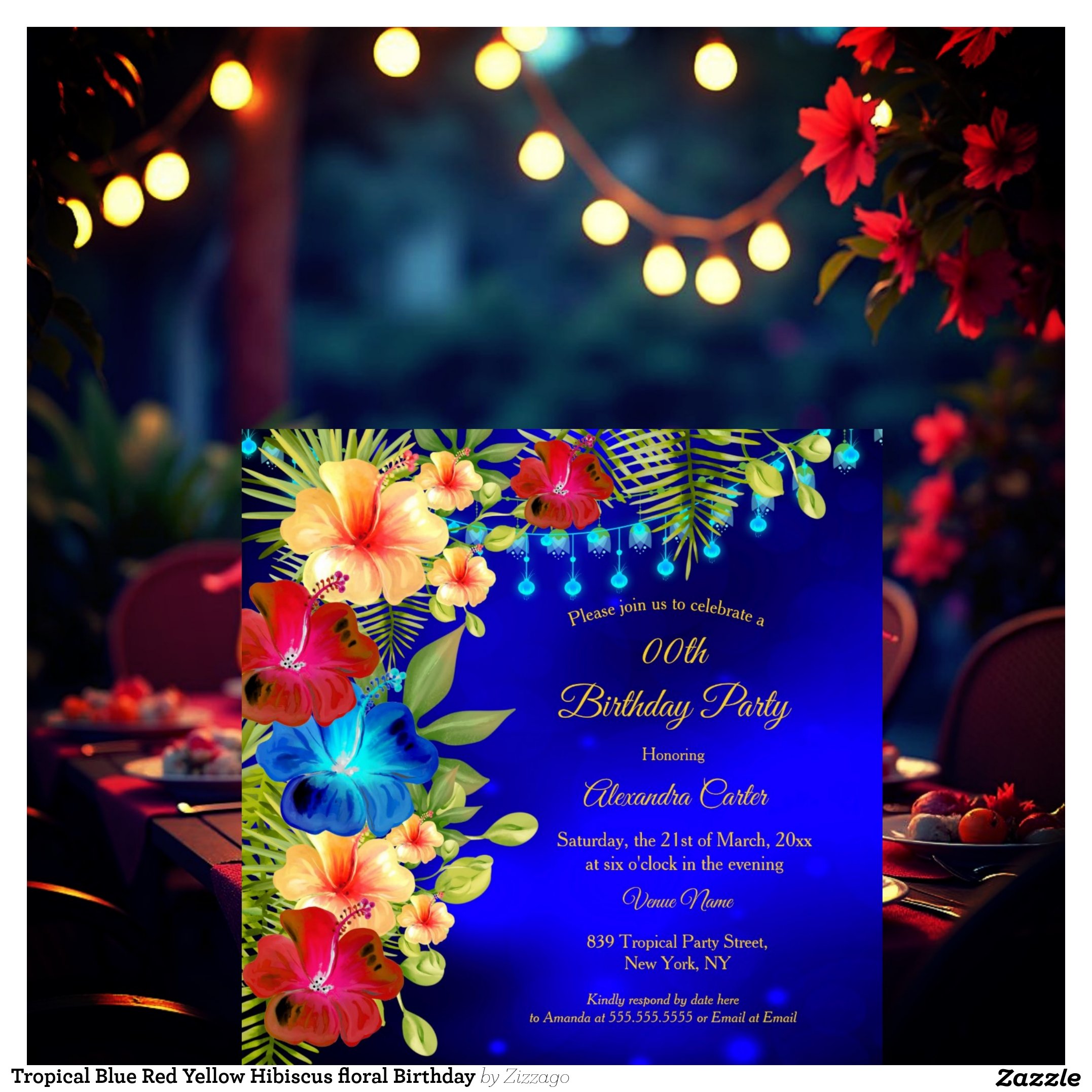 Tropical Blue Red Yellow Hibiscus floral Birthday Invitation