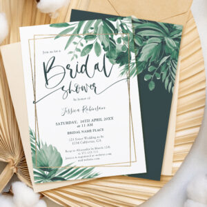 Tropical greenery palm gold script bridal shower invitation