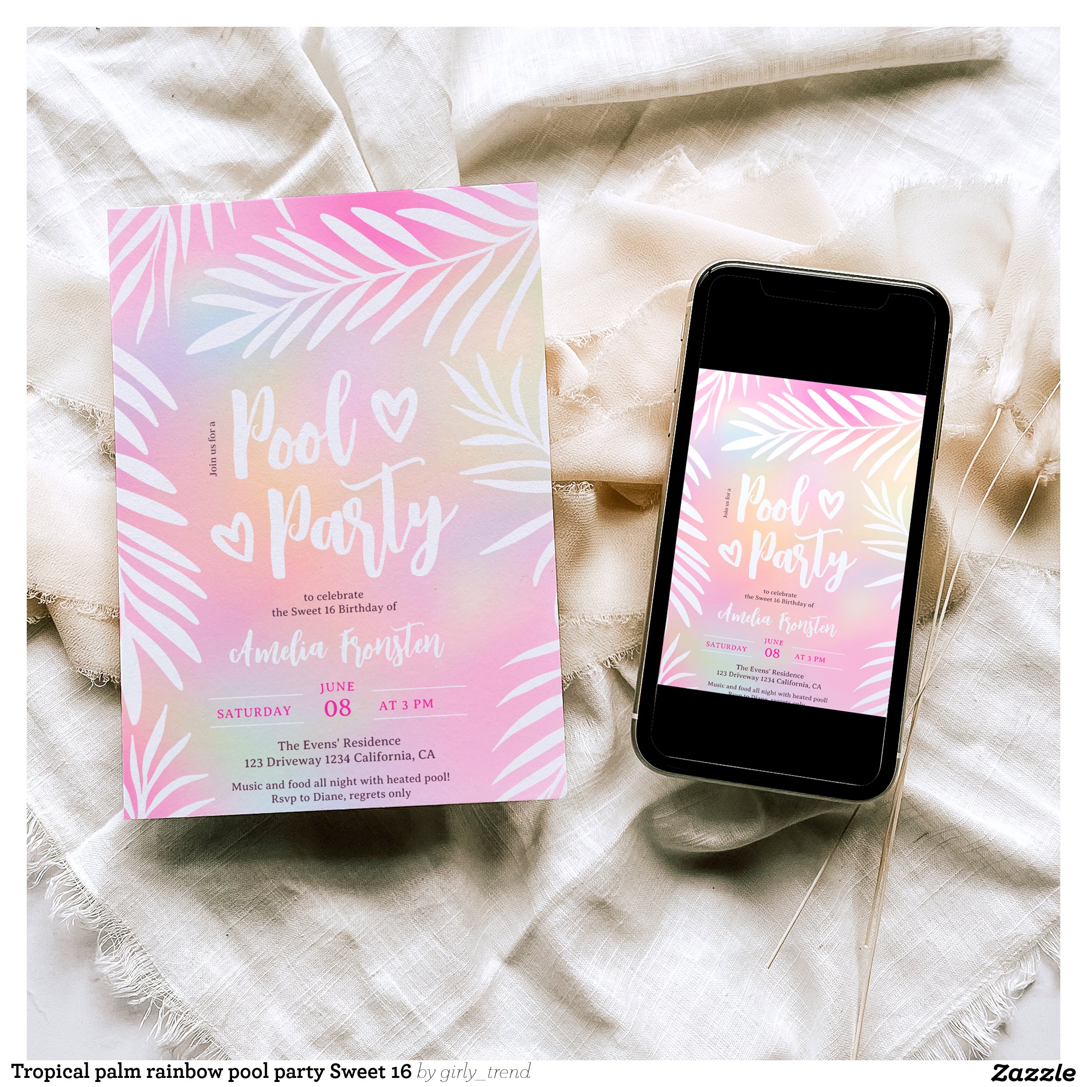 Tropical palm rainbow pool party Sweet 16 Invitation