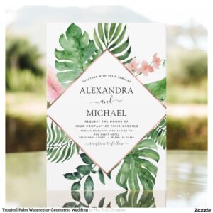 Tropical Palm Watercolor Geometric Wedding Invitation