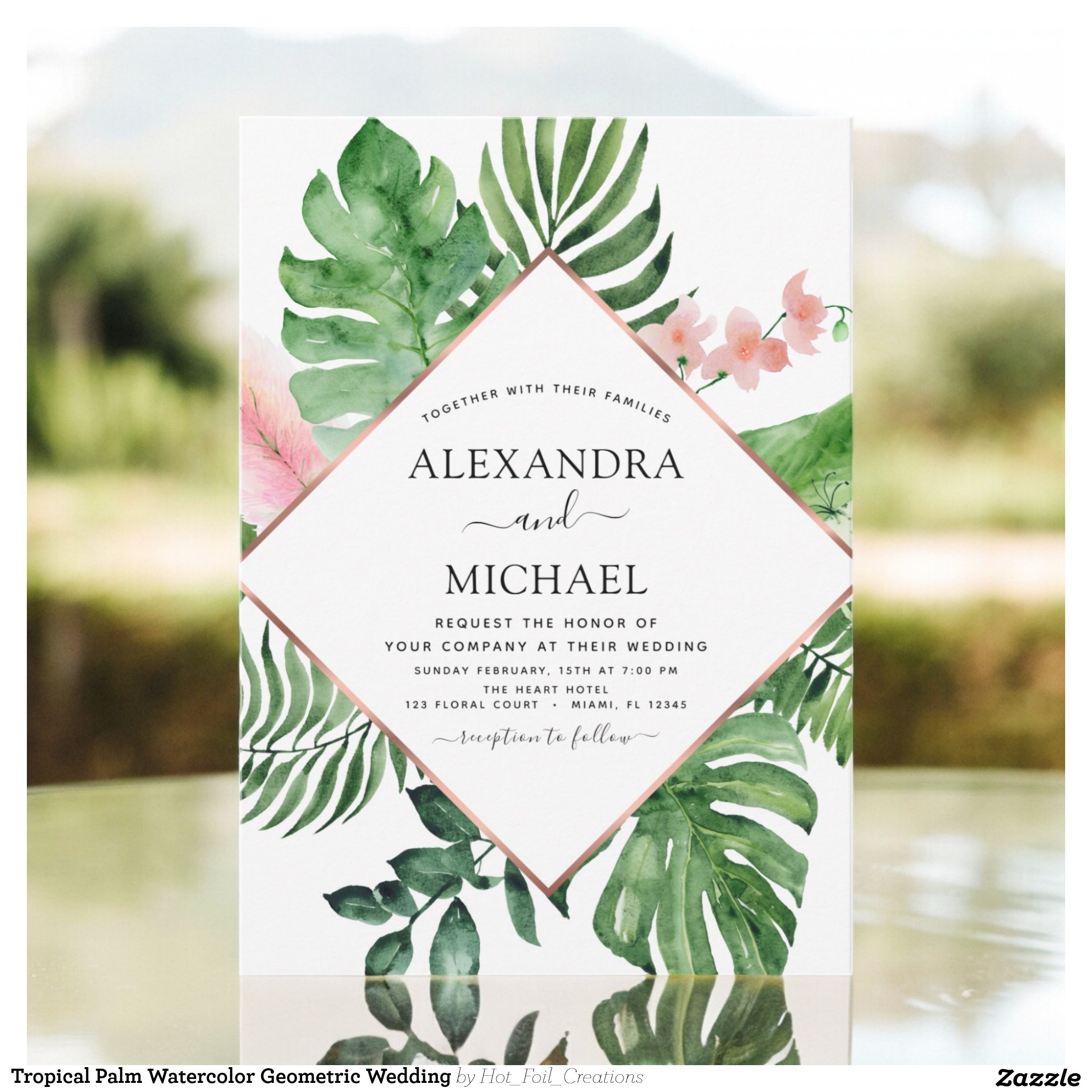 Tropical Palm Watercolor Geometric Wedding Invitation