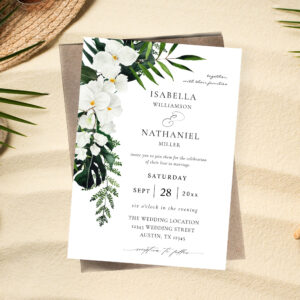 Tropical Palm & White Floral Wedding 2 Invitation
