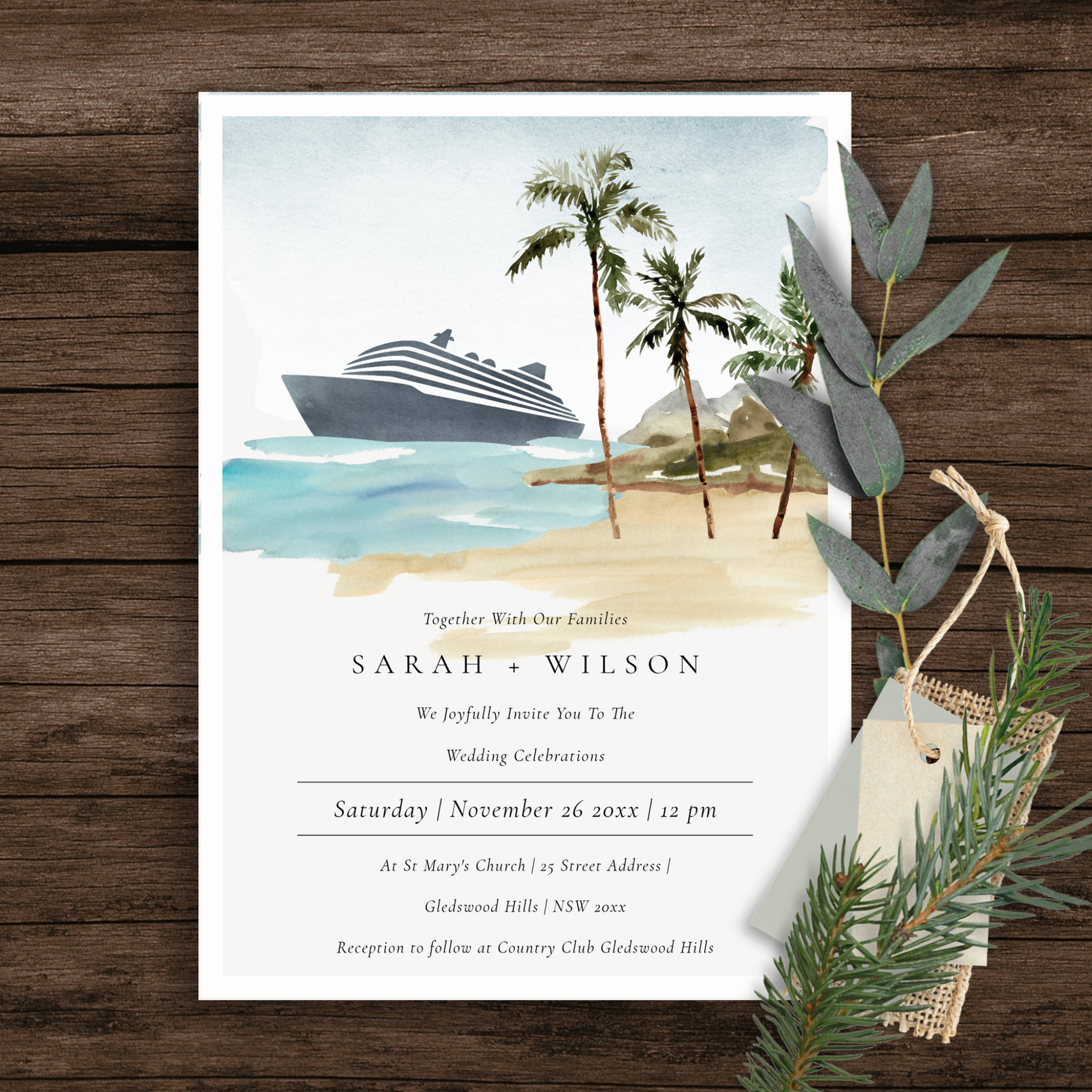Tropical Seascape Beach Cruise Palm Wedding Invite