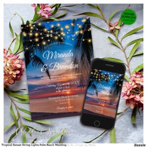 Tropical Sunset String Lights Palm Beach Wedding Invitation