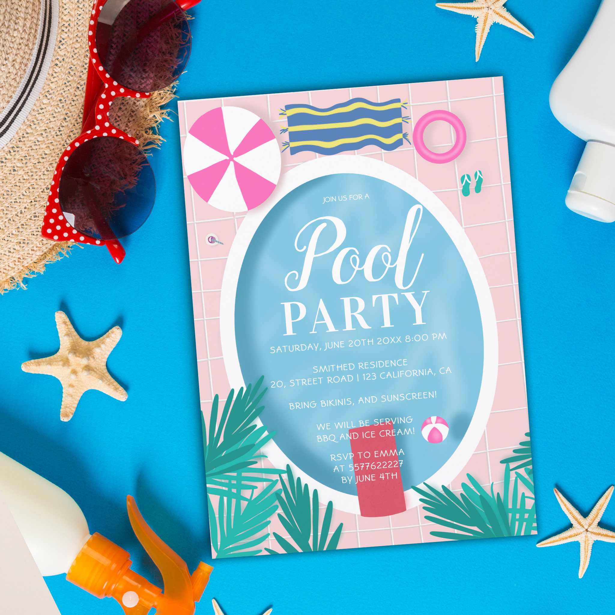 Tropical swimming pool scene fun pool party invitation