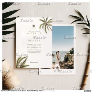 Tropical Watercolor Palm Trees Boho Wedding Photo Invitation