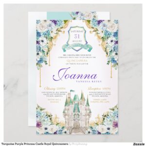 Turquoise Purple Princess Castle Royal Quinceanera Invitation
