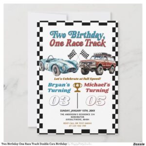 Two Birthday One Race Track Double Cars Birthday Invitation