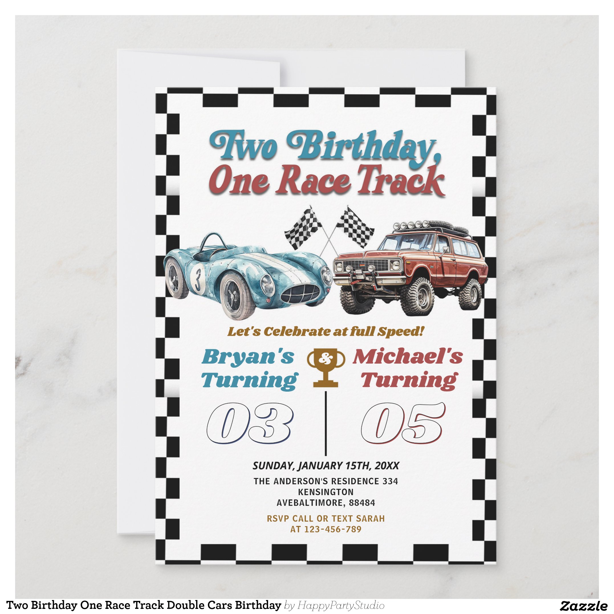 Two Birthday One Race Track Double Cars Birthday Invitation
