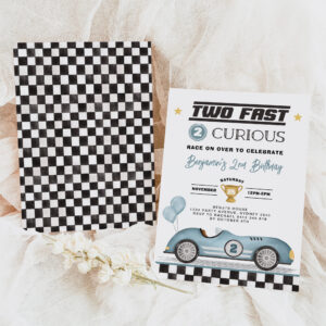 Two Fast 2 Curious Blue Vintage Car Boy Birthday Invitation
