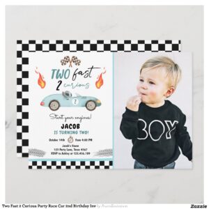 Two Fast 2 Curious Party Race Car 2nd Birthday Inv Invitation