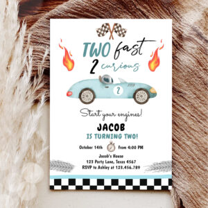 Two Fast 2 Curious Party Race Car 2nd Birthday Invitation