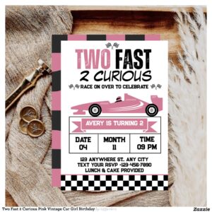 Two Fast 2 Curious Pink Vintage Car Girl Birthday Invitation