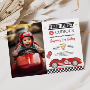 Two Fast 2 Curious Red Vintage Car Photo Birthday Invitation