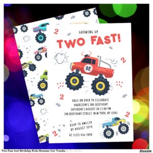 Two Fast 2nd Birthday Kids Monster Car Trucks Invitation