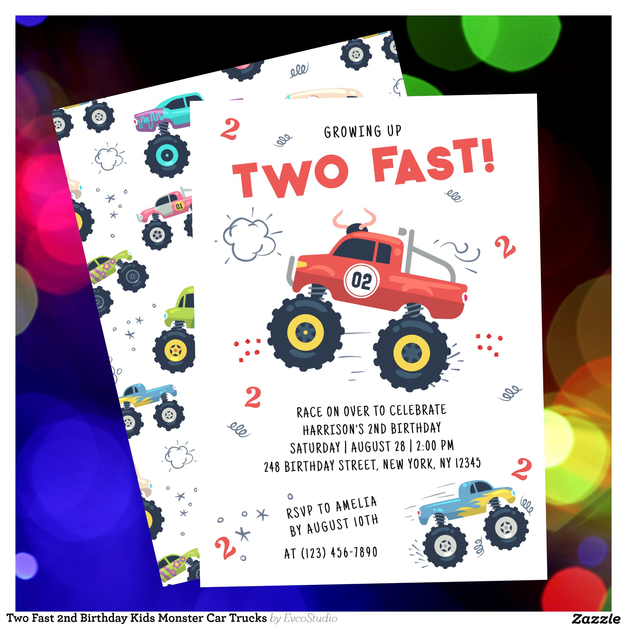 Two Fast 2nd Birthday Kids Monster Car Trucks Invitation