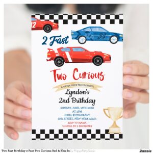 Two Fast Birthday 2 Fast Two Curious Red & Blue In Invitation