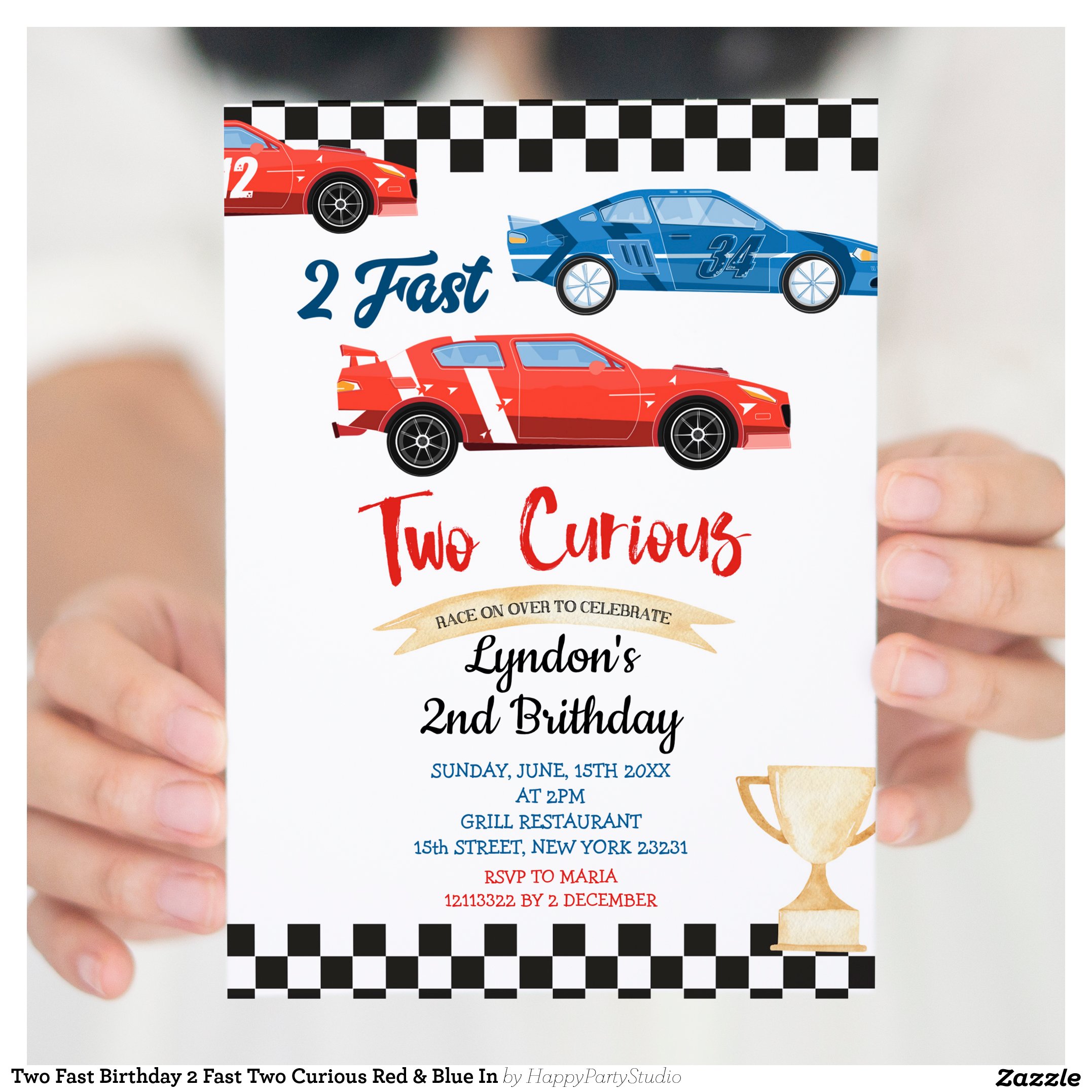 Two Fast Birthday 2 Fast Two Curious Red & Blue In Invitation