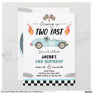 Two Fast Birthday Party Blue Race Car 2nd Birthday Invitation