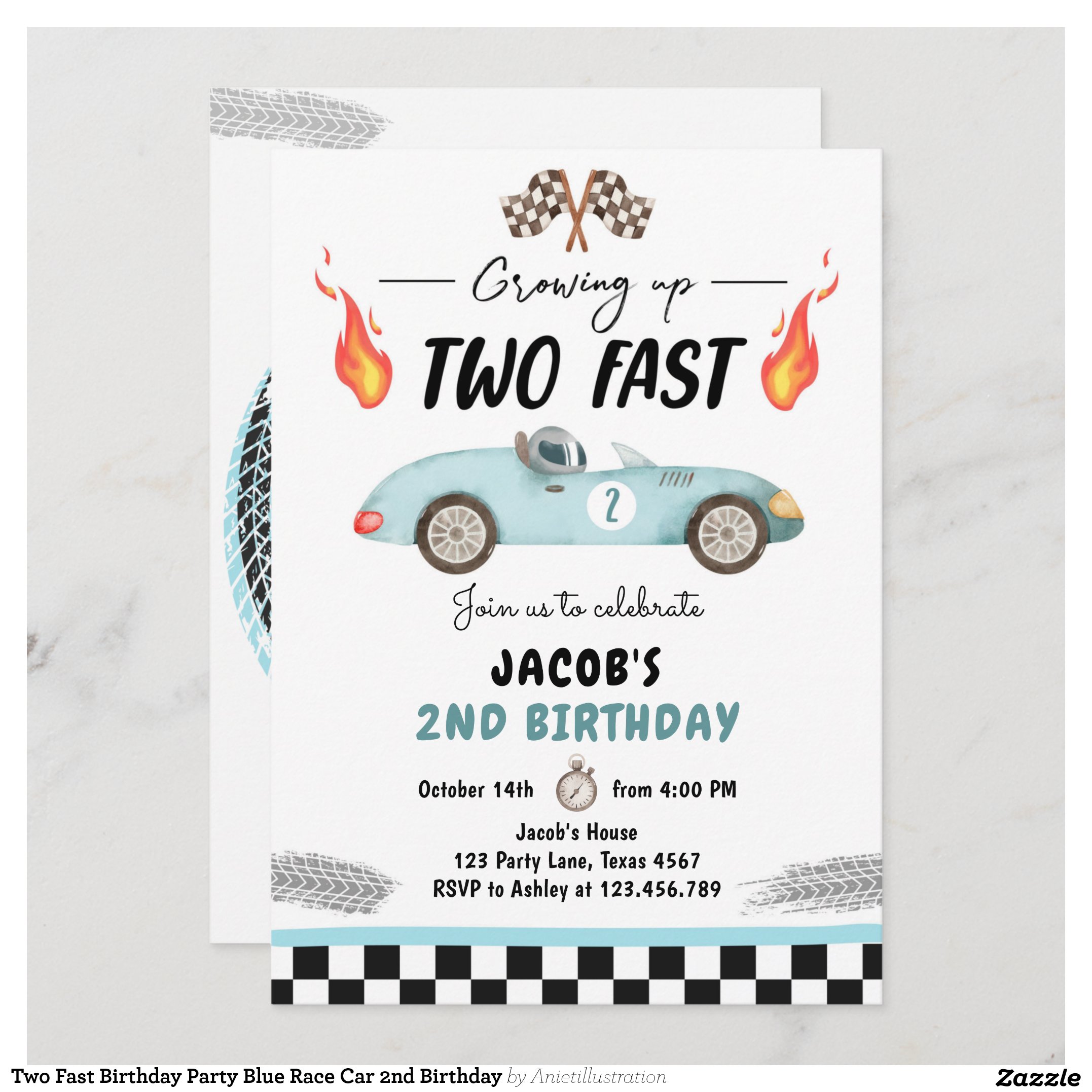 Two Fast Birthday Party Blue Race Car 2nd Birthday Invitation