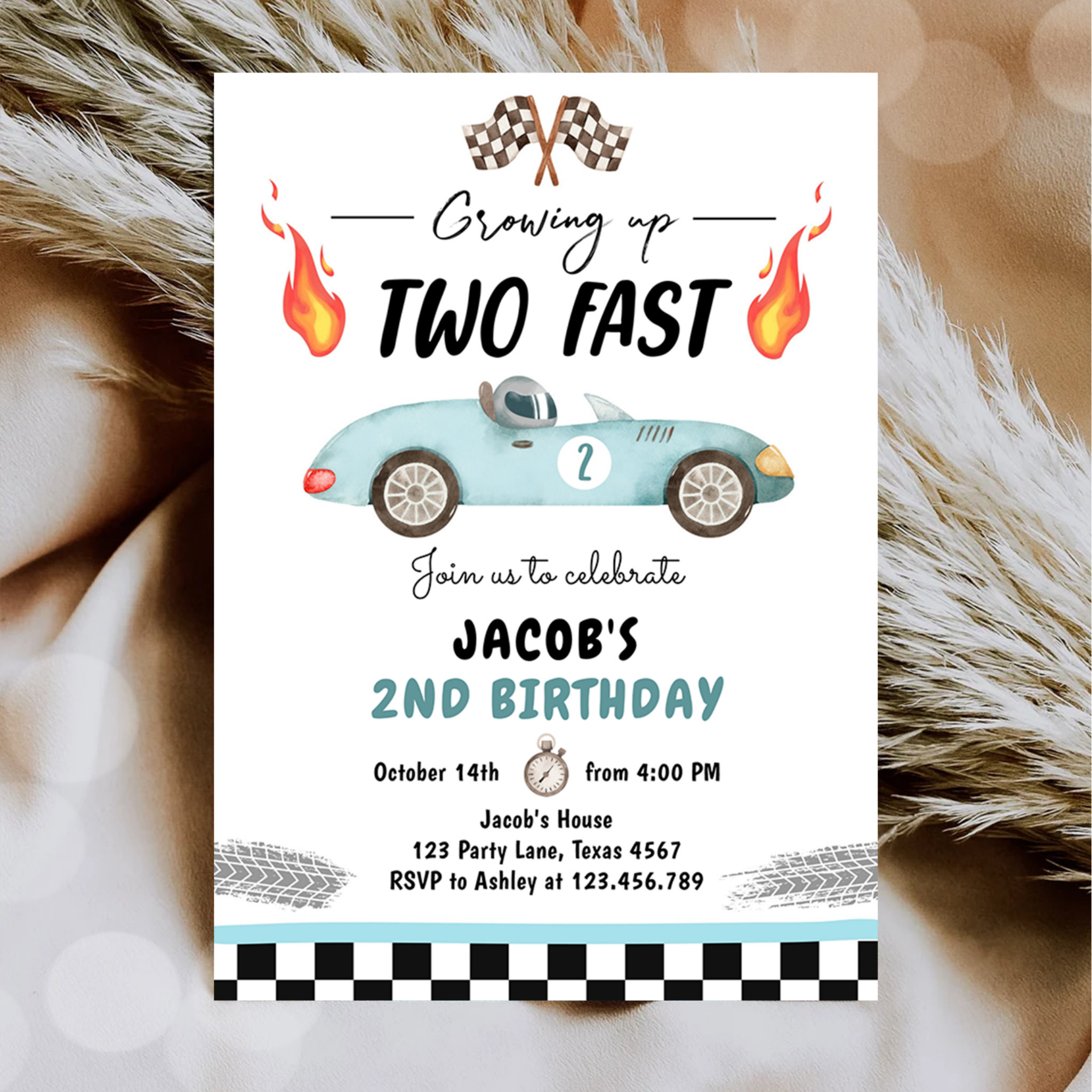Two Fast Birthday Party Race Car 2nd Birthday Invitation