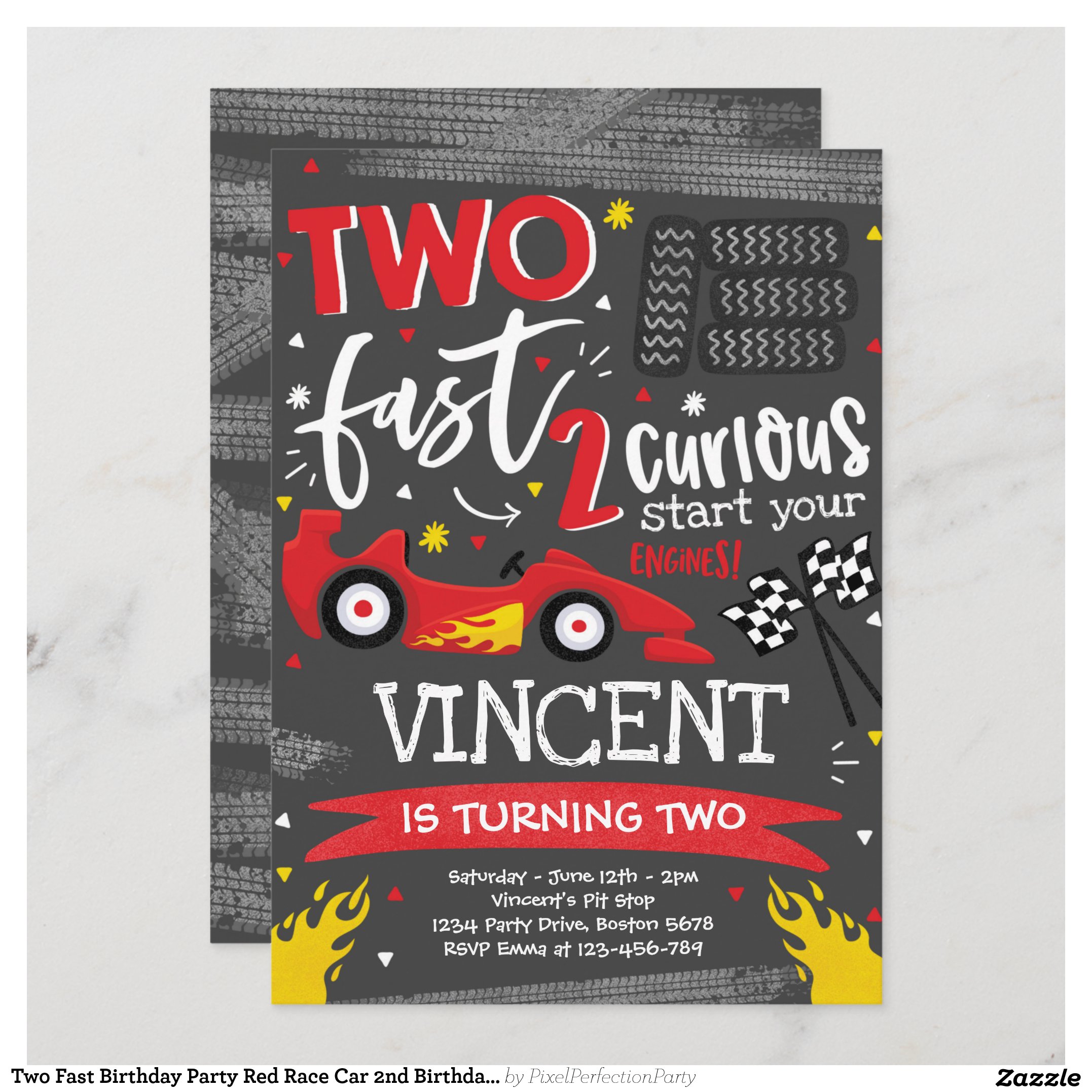 Two Fast Birthday Party Red Race Car 2nd Birthday Invitation