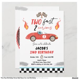 Two Fast Birthday Party Red Race Car 2nd Birthday Invitation