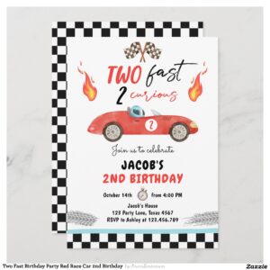 Two Fast Birthday Party Red Race Car 2nd Birthday Invitation