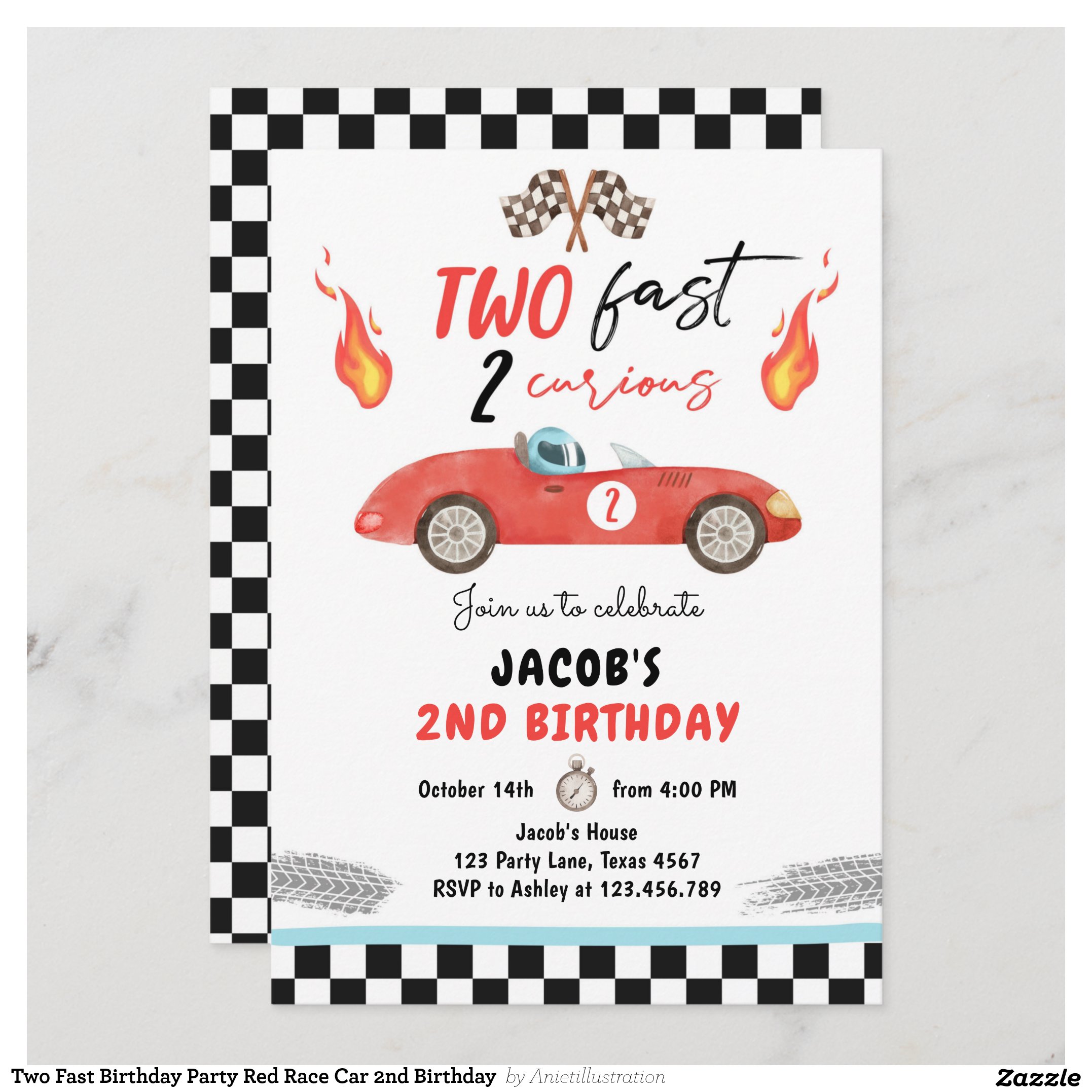 Two Fast Birthday Party Red Race Car 2nd Birthday Invitation