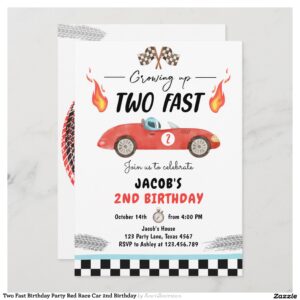 Two Fast Birthday Party Red Race Car 2nd Birthday Invitation