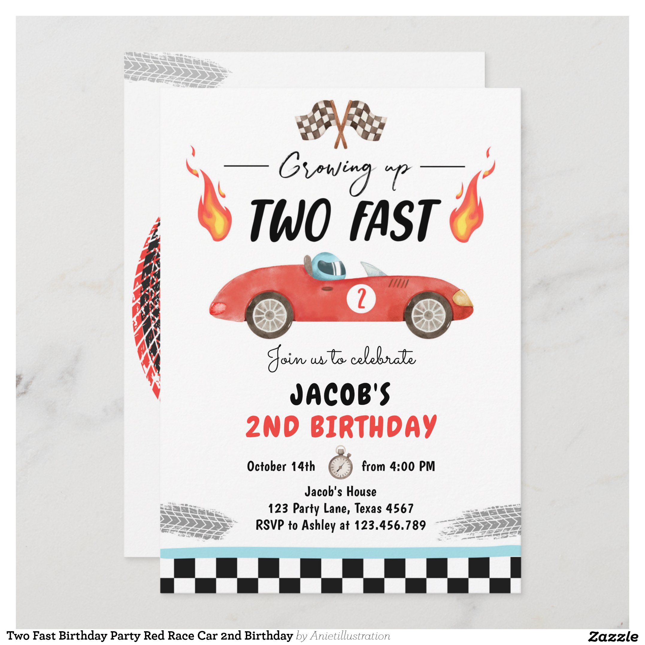 Two Fast Birthday Party Red Race Car 2nd Birthday Invitation