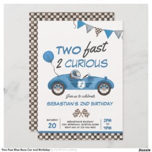 Two Fast Blue Race Car 2nd Birthday Invitation