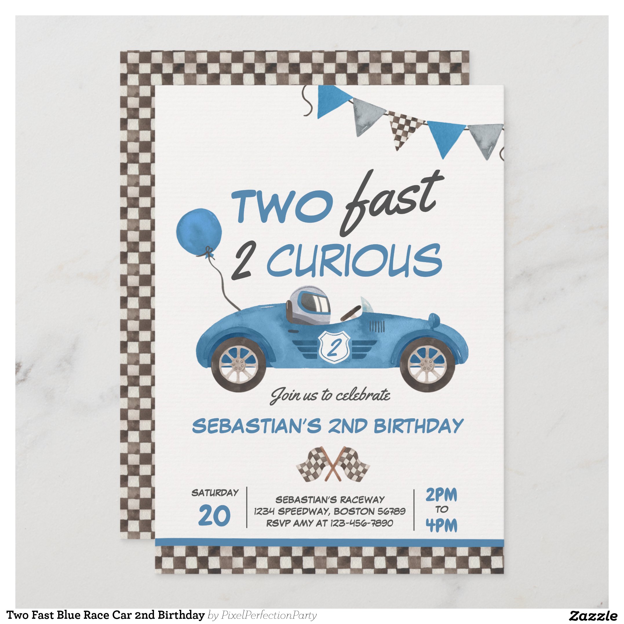 Two Fast Blue Race Car 2nd Birthday Invitation