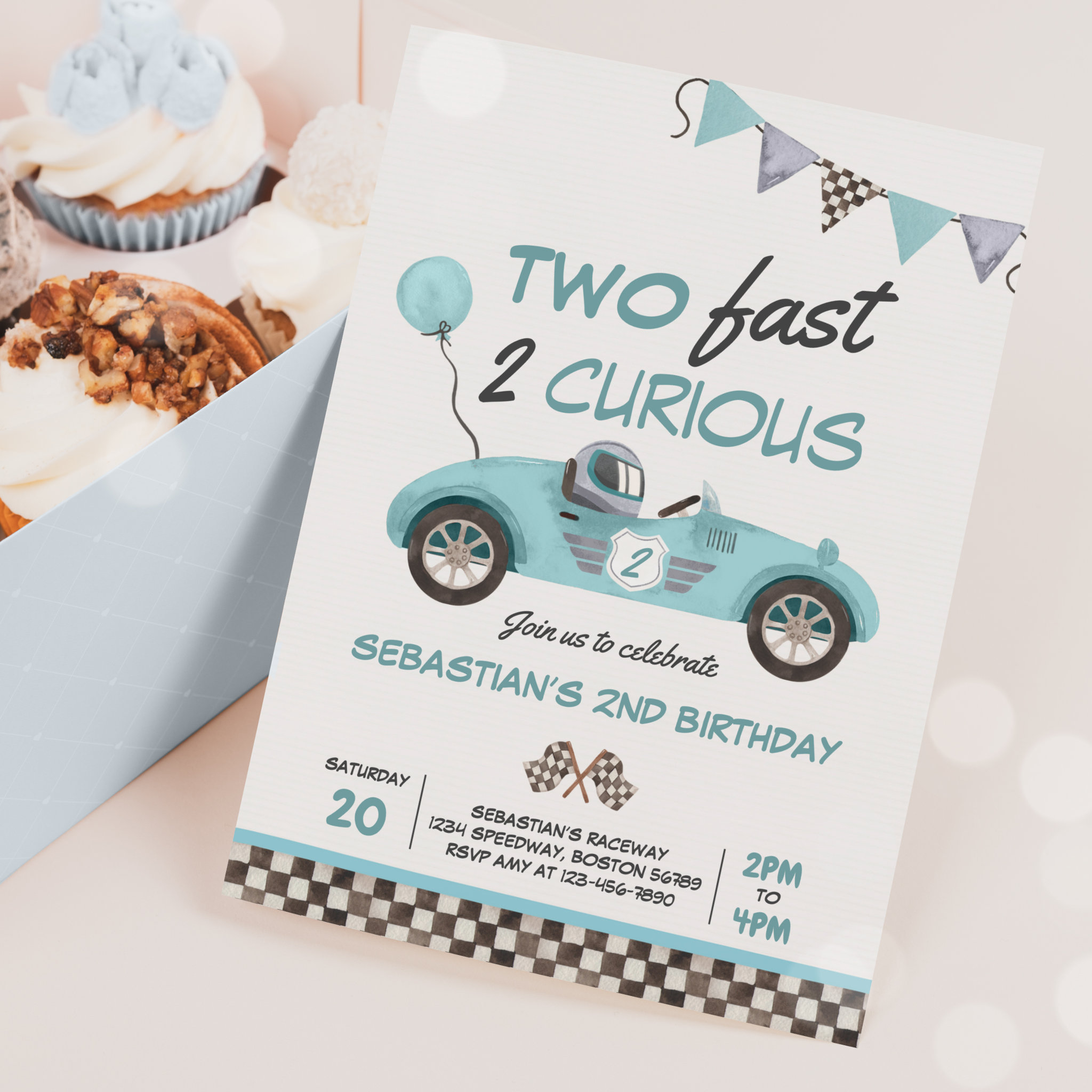 Two Fast Blue Race Car 2nd Birthday Invitation