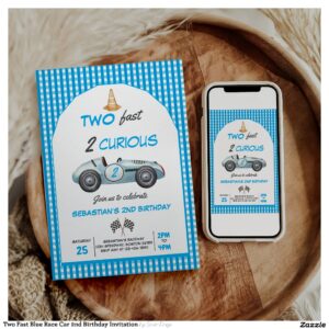 Two Fast Blue Race Car 2nd Birthday Invitation