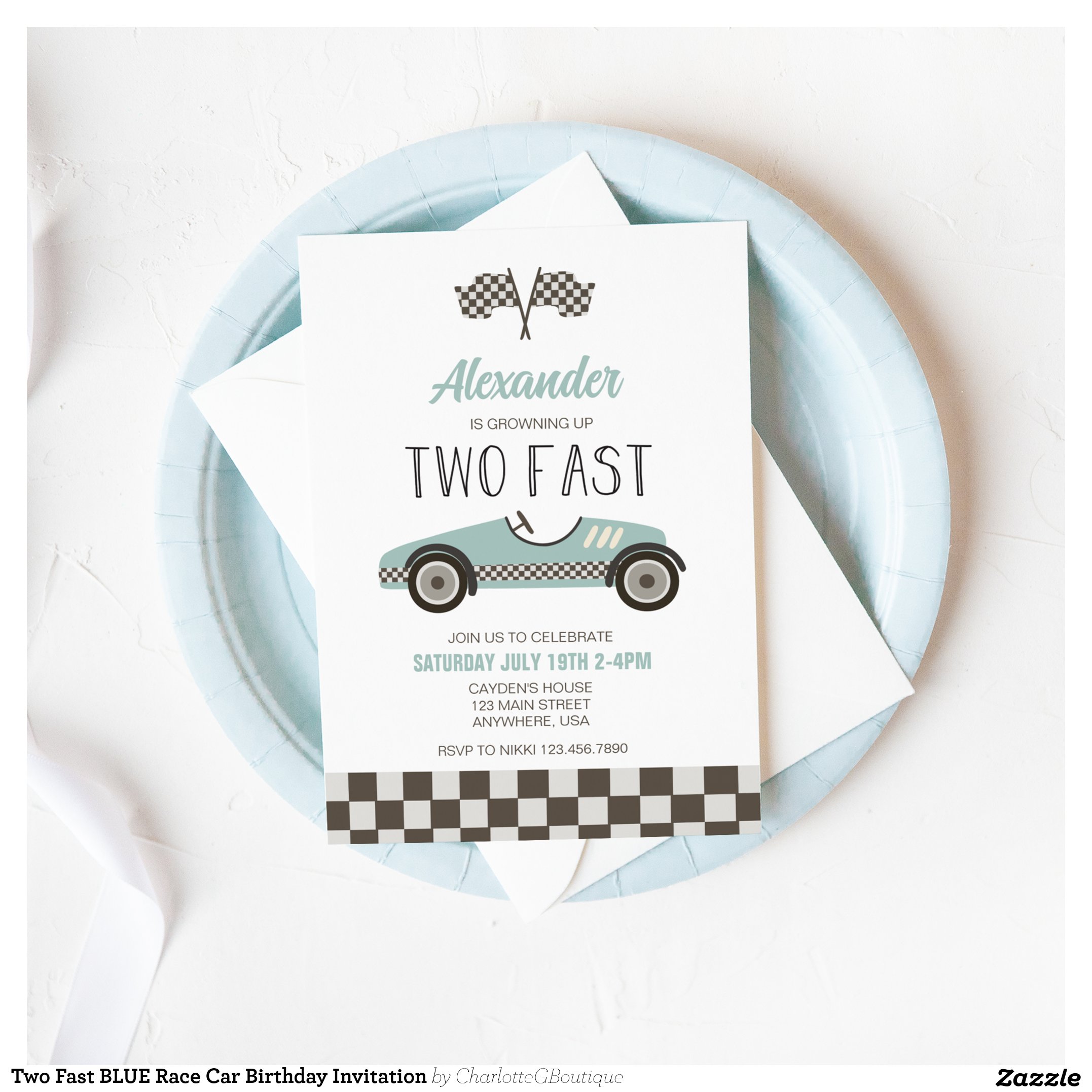 Two Fast BLUE Race Car Birthday Invitation