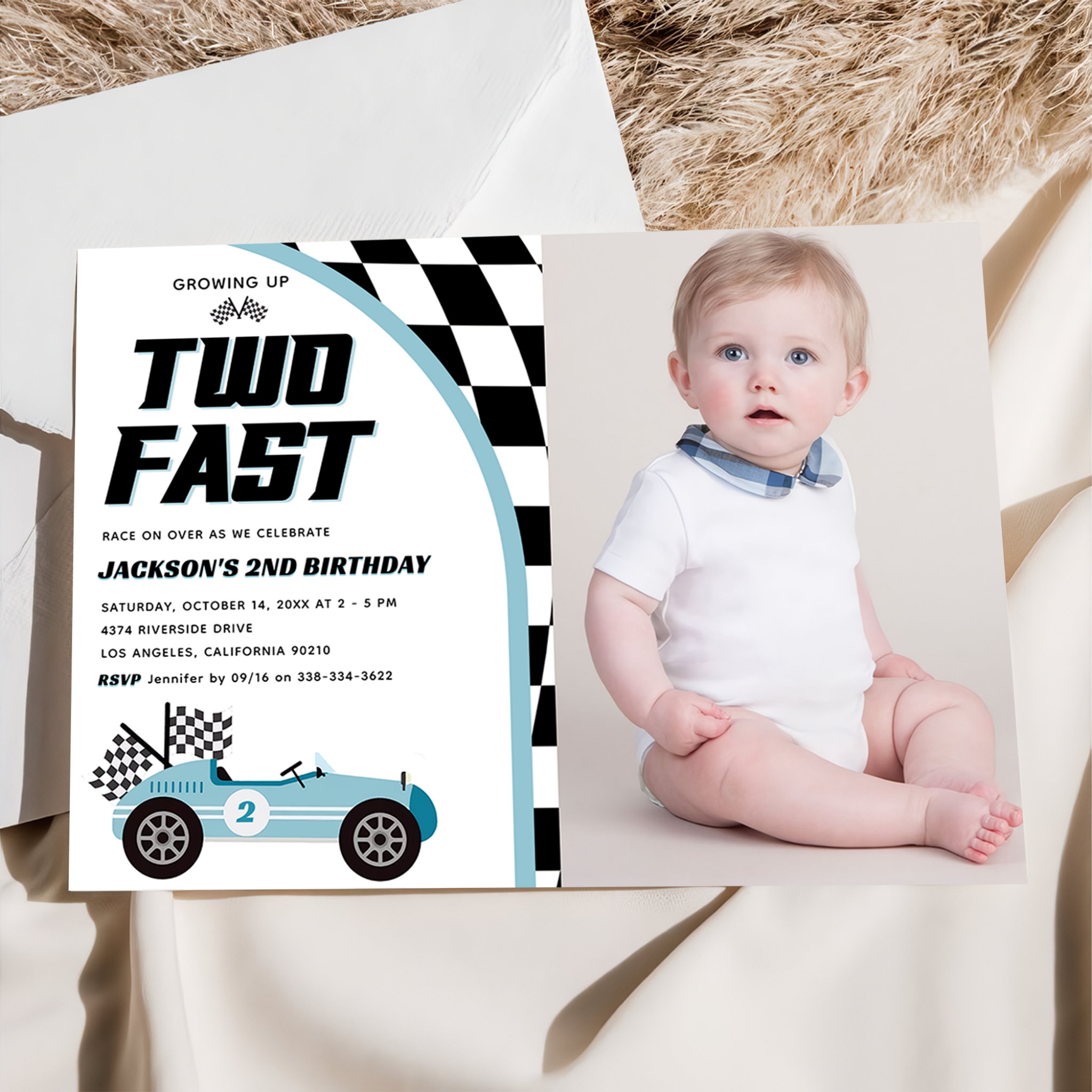 Two Fast Blue Race Car Birthday Party Photo Invitation