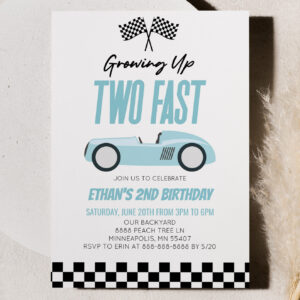 Two Fast Blue Racecar Race Car 2nd Birthday Party Invitation
