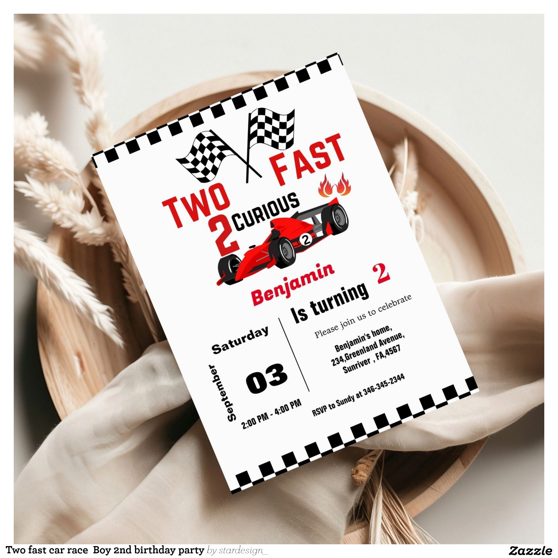 Two fast car race  Boy 2nd birthday party Invitation