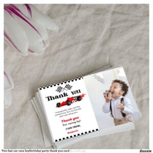 Two fast car race boybirthday party thank you card