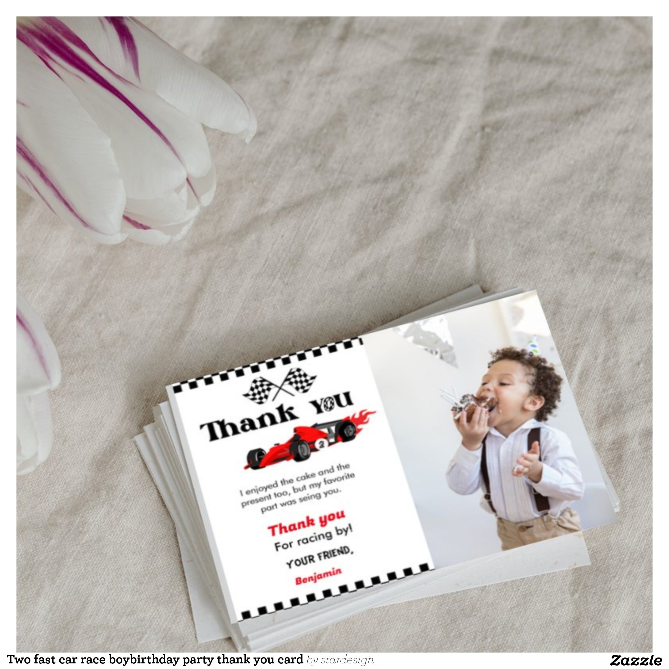 Two fast car race boybirthday party thank you card